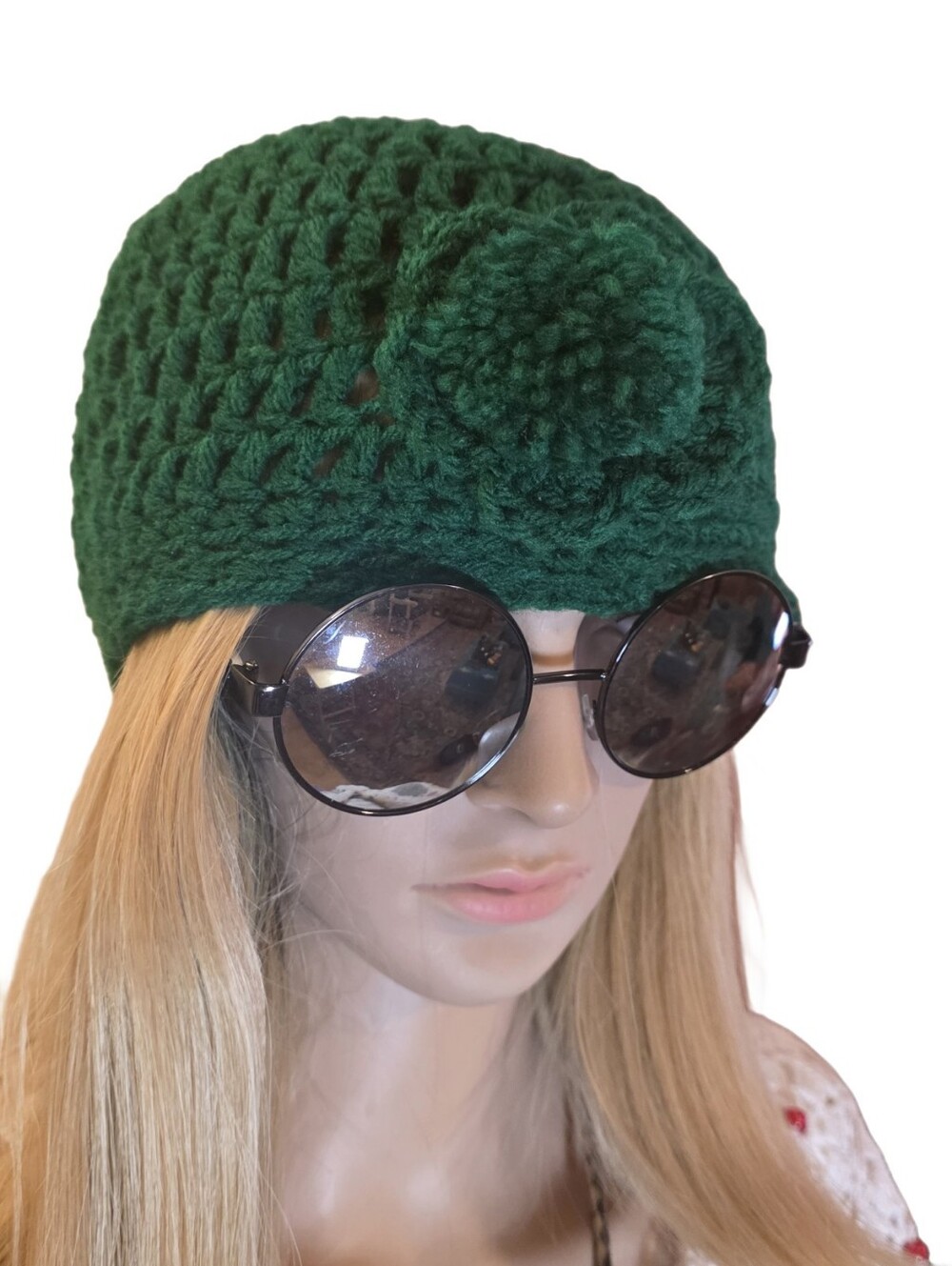 Kelly Green Crochet Flower Pom Pon Beanie Retro Boho Cloche Hat Like NEW